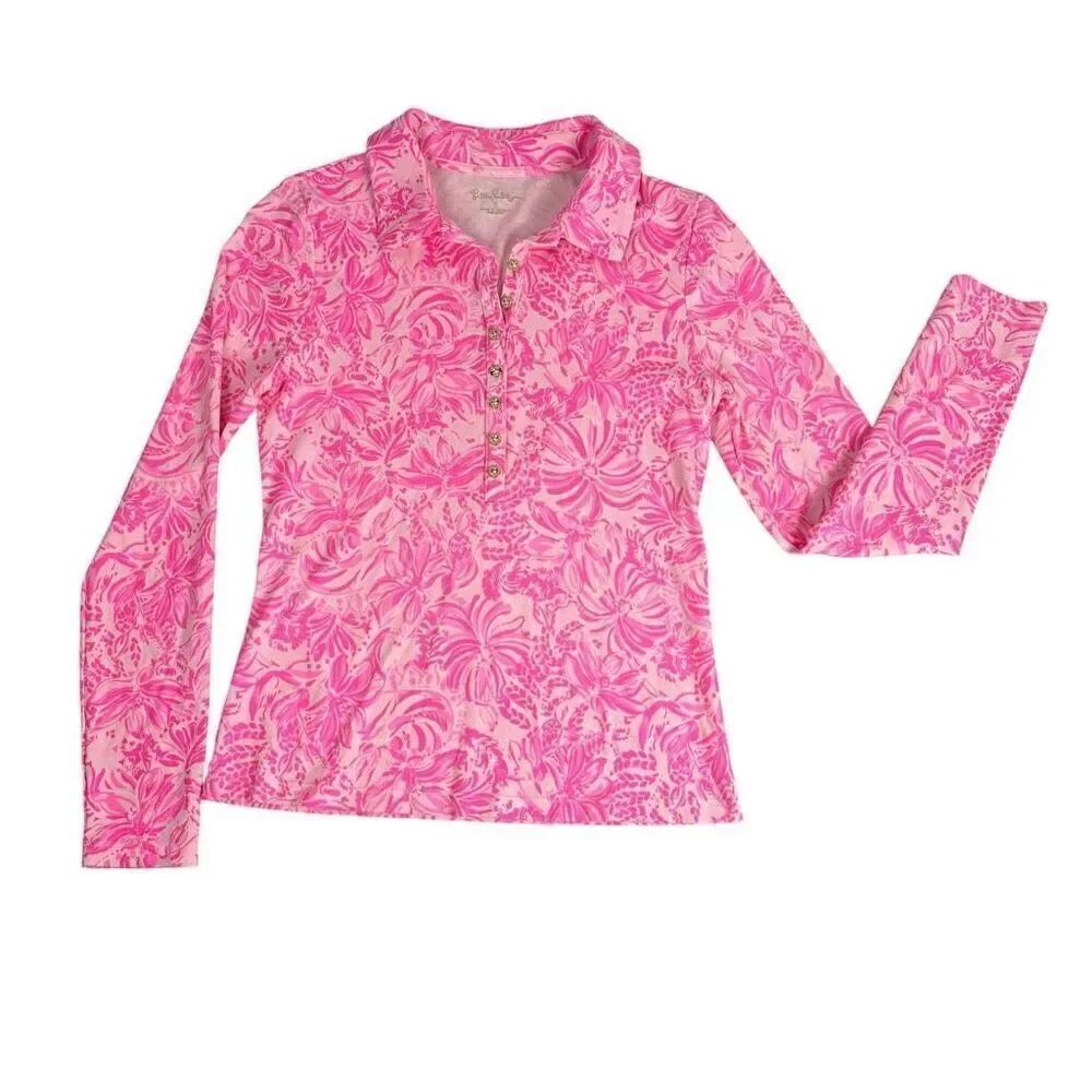 Lilly Pulitzer Small Reema Long Sleeve Polo Shirt Pink Bloom Foxy Llama